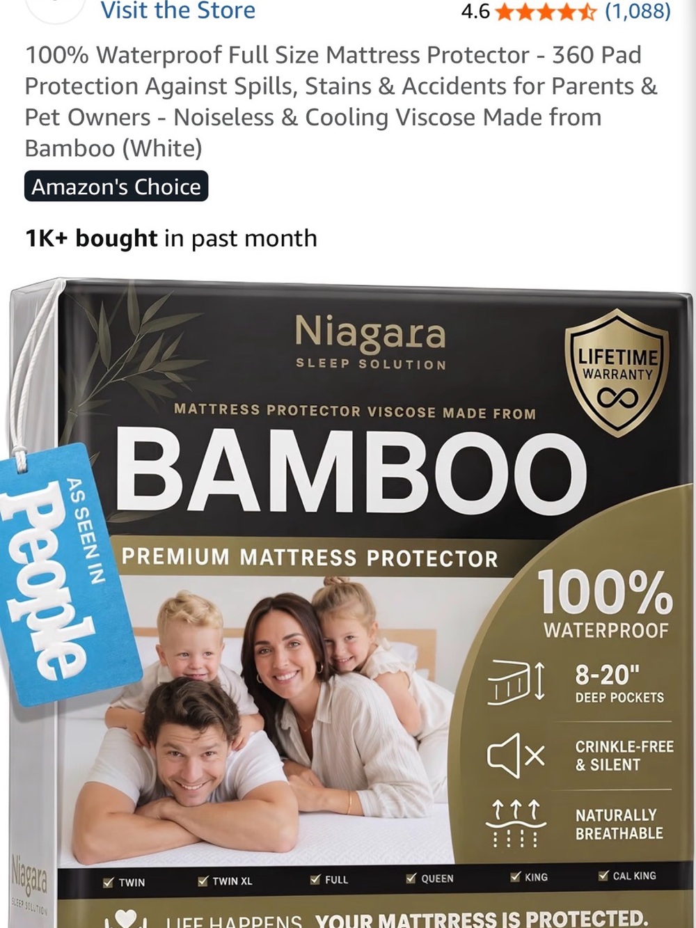 Niagara Bamboo Premium Mattress Protector - White - Waterproof